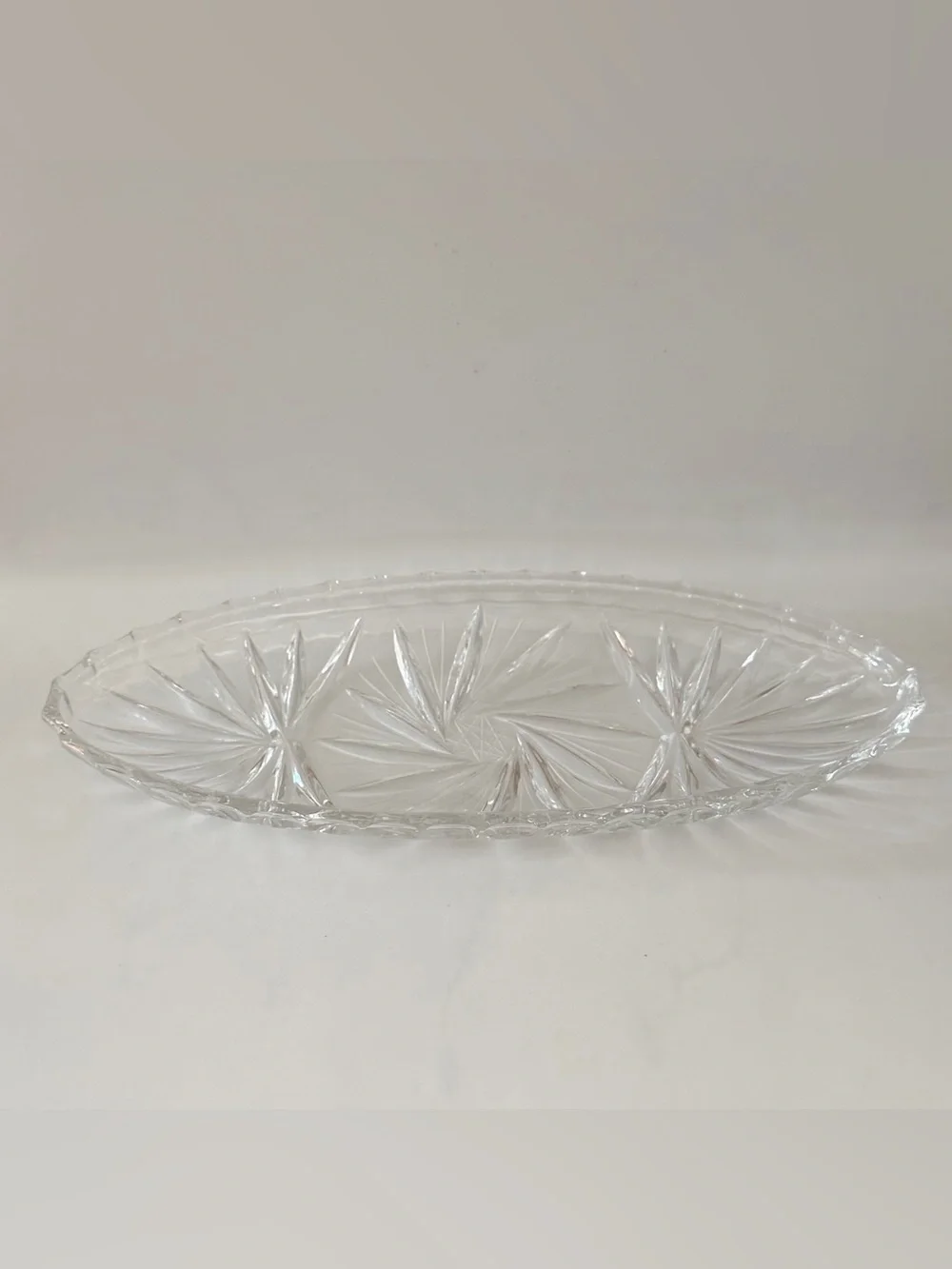 Vintage Clear Pressed Glass Starburst Pinwheel Oval Relish Dish Serving Tray